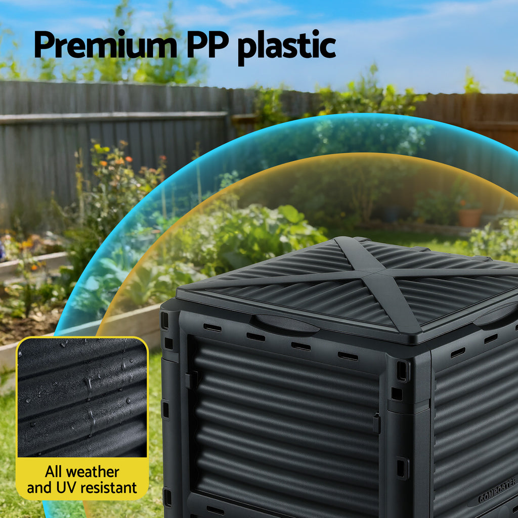 Gardeon Compost Bin 300L Heavy-Duty Black Outdoor Composter with Top Lid Bottom Door