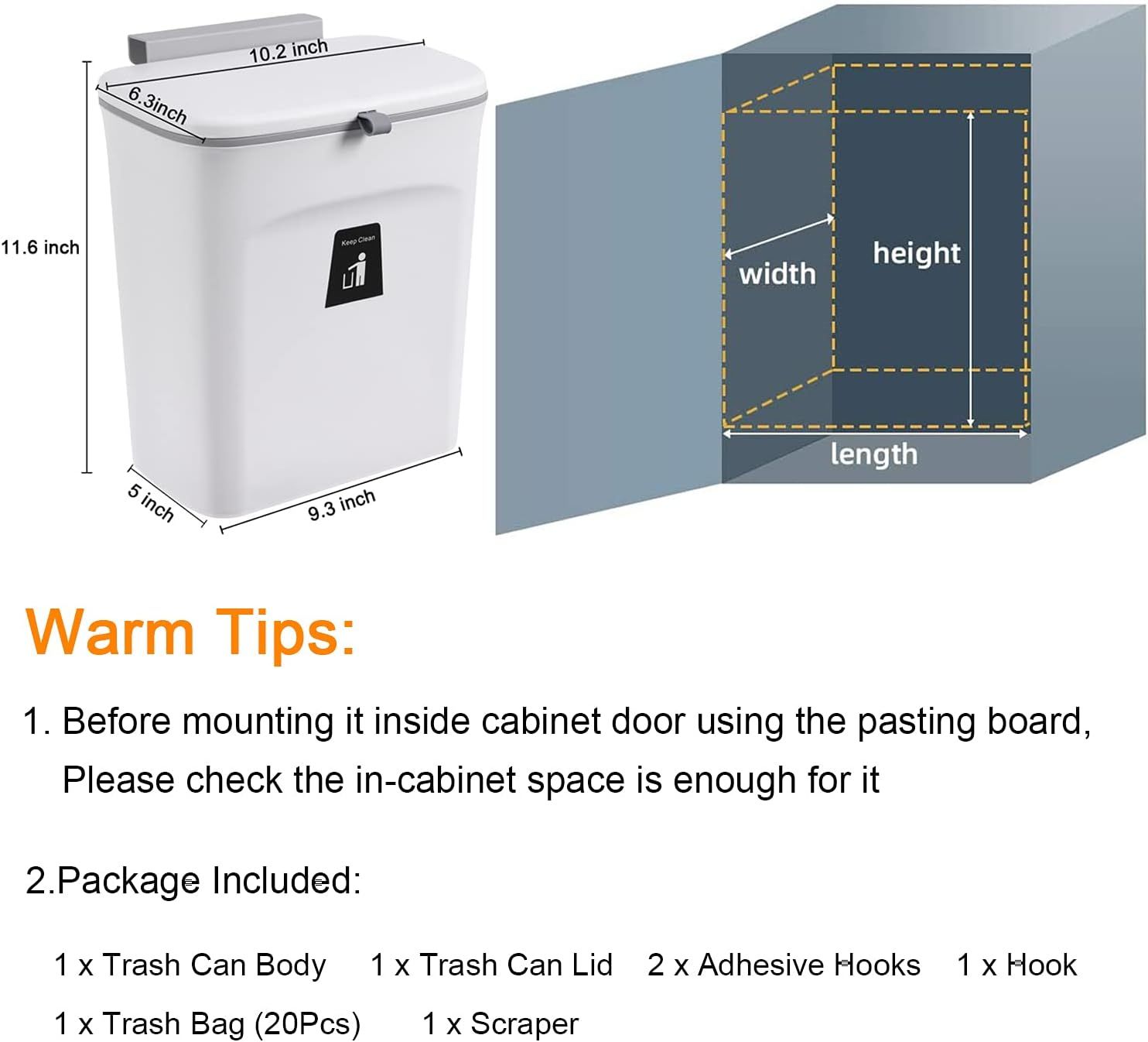 Hanging Kitchen Compost Bin with Lid for Cabinet Door or Wall, No-Drill Adhesive Mount, Odor-Proof & Space-Saving (White)