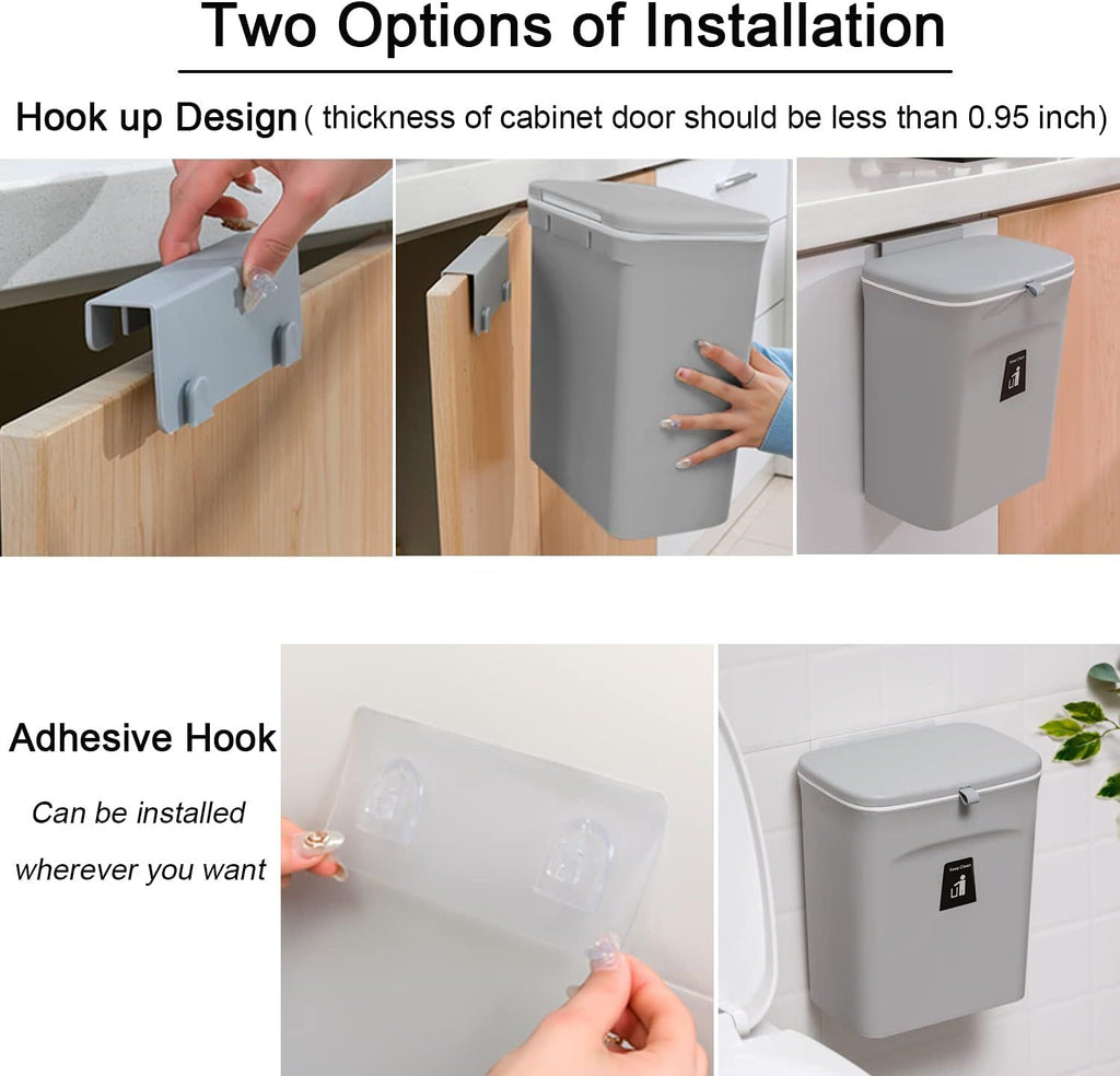 Hanging Kitchen Compost Bin with Lid for Cabinet Door or Wall, No-Drill Adhesive Mount, Odor-Proof & Space-Saving (Grey)