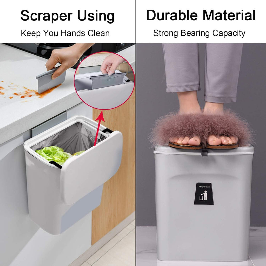 Hanging Kitchen Compost Bin with Lid for Cabinet Door or Wall, No-Drill Adhesive Mount, Odor-Proof & Space-Saving (Grey)