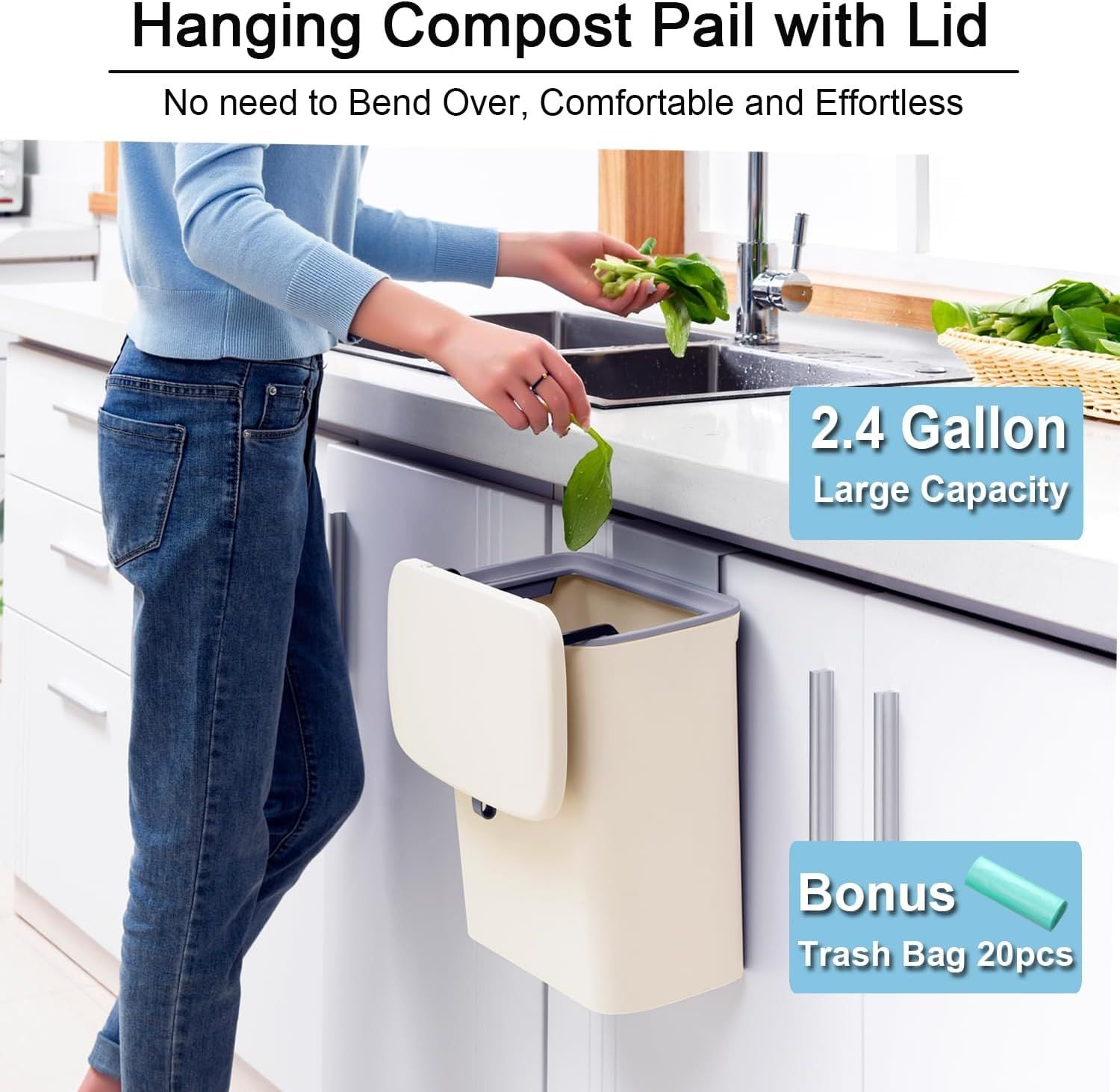 Hanging Kitchen Compost Bin with Lid for Cabinet Door or Wall, No-Drill Adhesive Mount, Odor-Proof & Space-Saving (Beige)