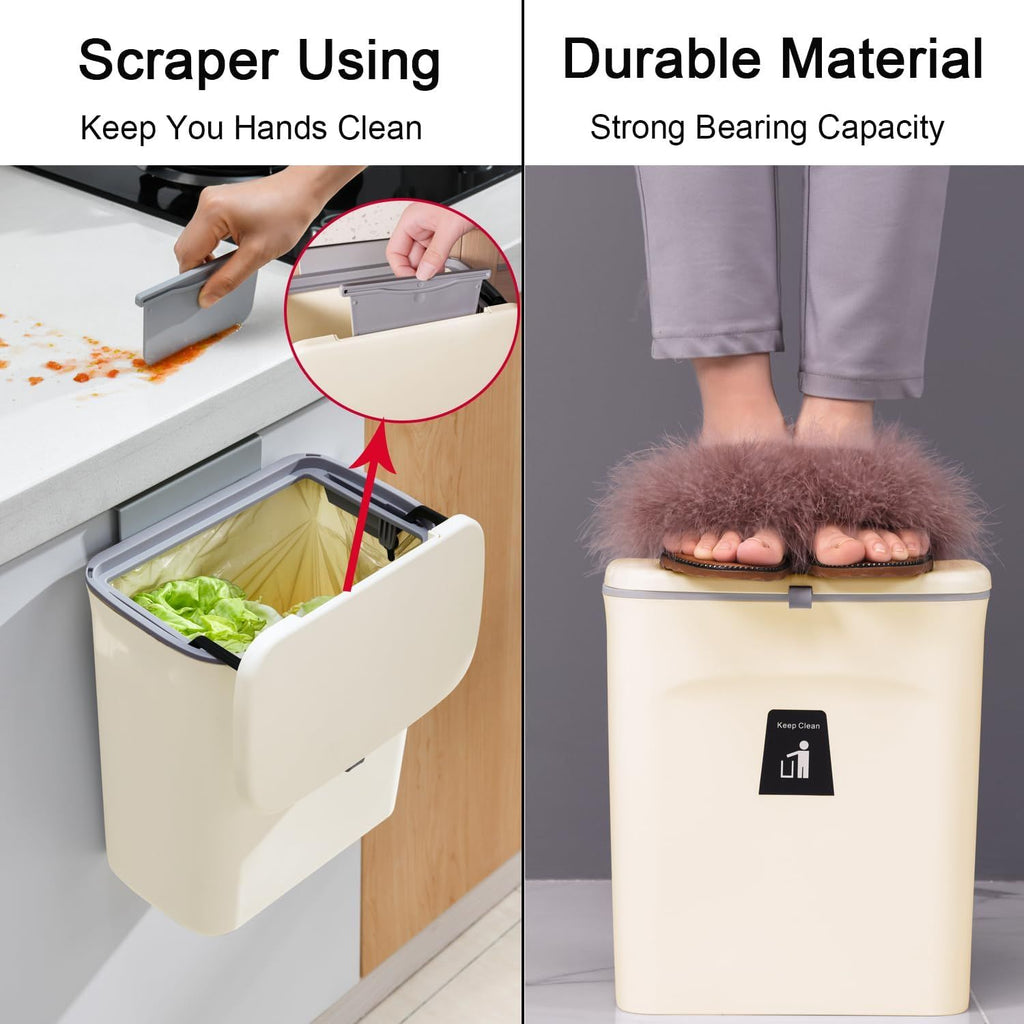 Hanging Kitchen Compost Bin with Lid for Cabinet Door or Wall, No-Drill Adhesive Mount, Odor-Proof & Space-Saving (Beige)