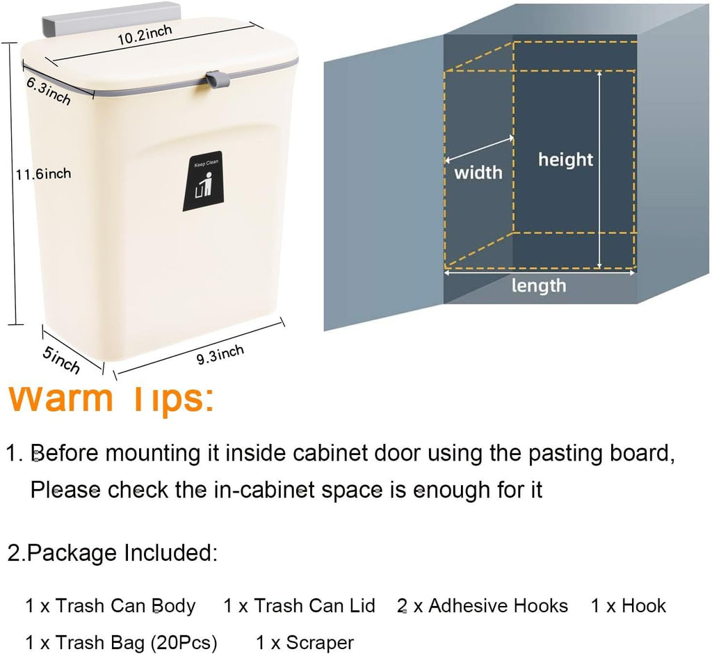 Hanging Kitchen Compost Bin with Lid for Cabinet Door or Wall, No-Drill Adhesive Mount, Odor-Proof & Space-Saving (Beige)