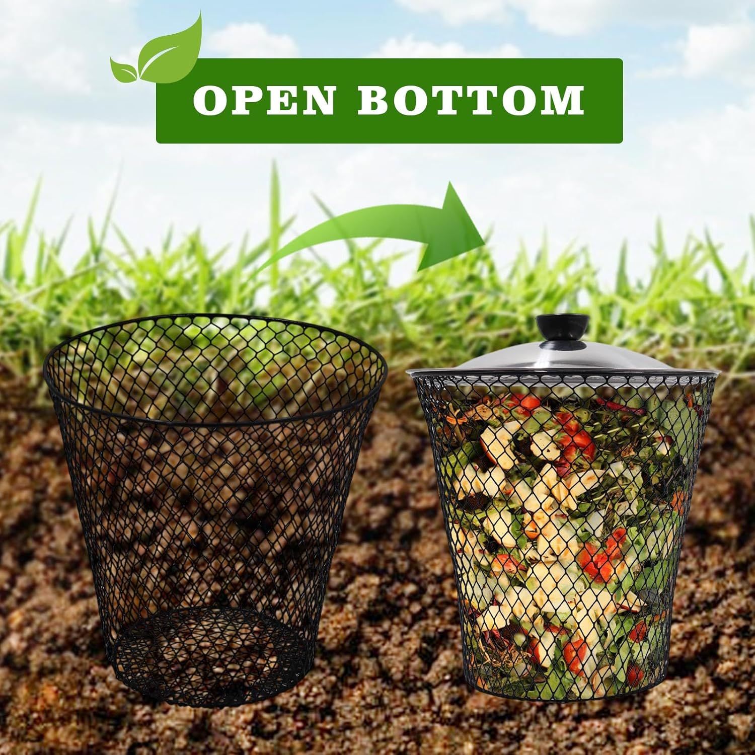 4 Pack Underground Worm Composting Bin with Lid, Metal Mesh Bucket for Organic Waste, Garden Soil Enrichment Tool (Silver)