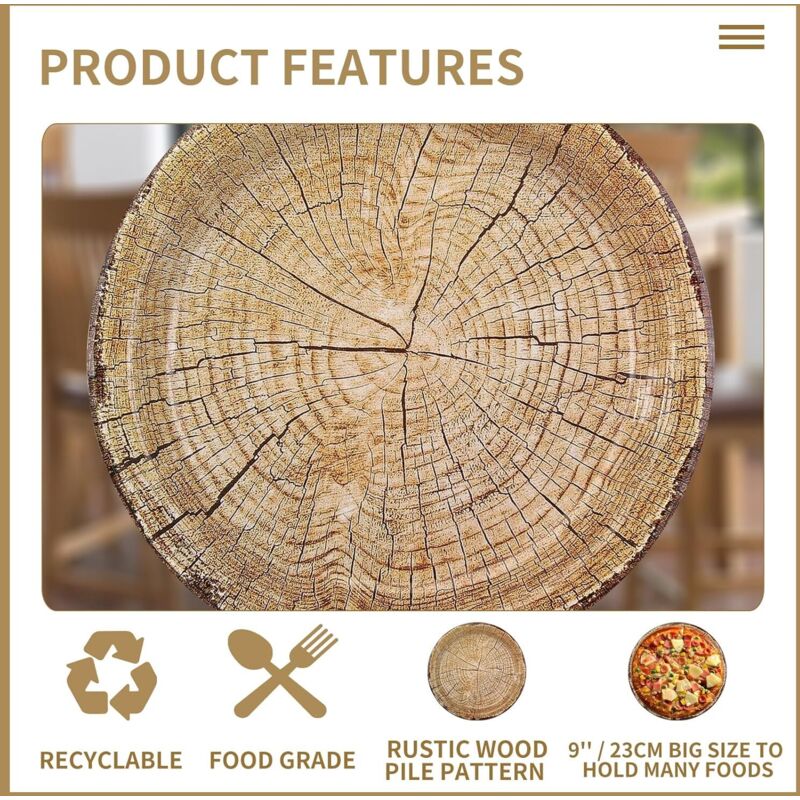 50 Pack 9" Rustic Wood Grain Paper Plates Disposable (Wood Grain 02)