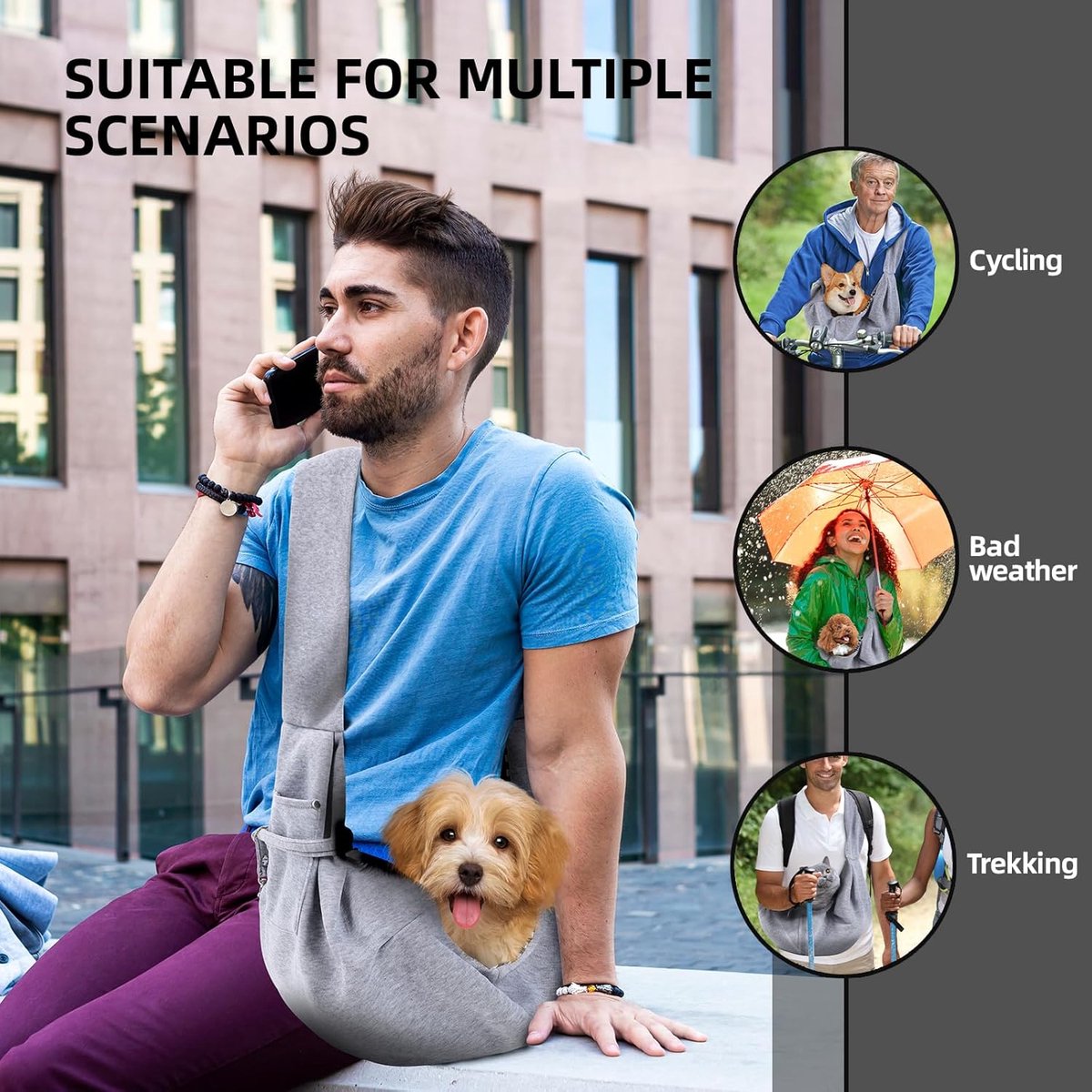 Dog carrier bag - reversible puppy carrier bag - pet bag - cat backpack - dog and cat carrier bag - with storage compartment - shoulder bag - hands-free dog carrier bag - for small dogs and cats - Grey