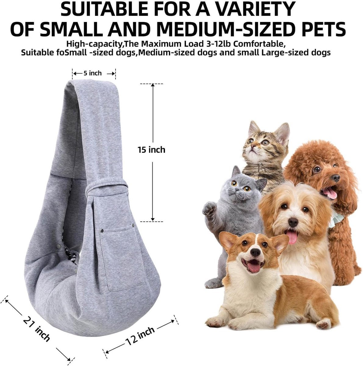 Dog carrier bag - reversible puppy carrier bag - pet bag - cat backpack - dog and cat carrier bag - with storage compartment - shoulder bag - hands-free dog carrier bag - for small dogs and cats - Grey