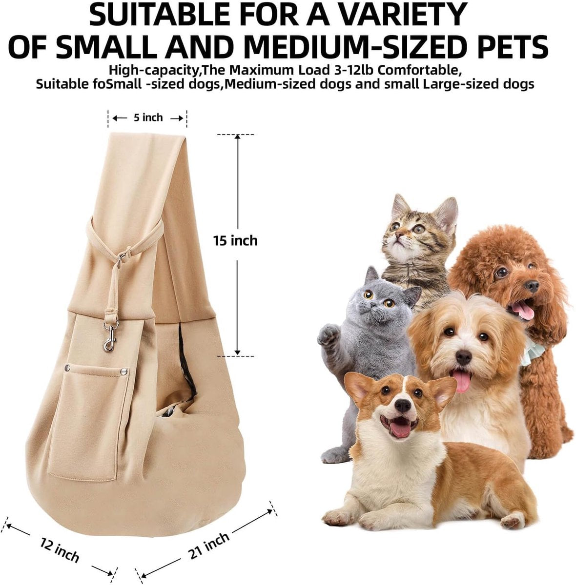 Dog carrier bag - reversible puppy carrier bag - pet bag - cat backpack - dog and cat carrier bag - with storage compartment - shoulder bag - hands-free dog carrier bag - for small dogs and cats - Khaki
