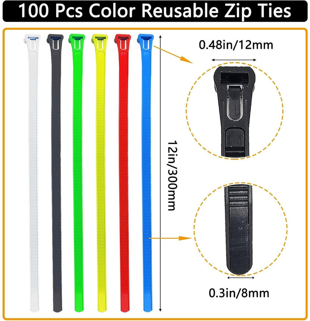 100 12" Colorful Reusable Cable Ties - Heavy-duty reusable cable ties - Self-locking nylon cable ties with a tensile strength of 50 lb - Suitable for garden, plants, home and office