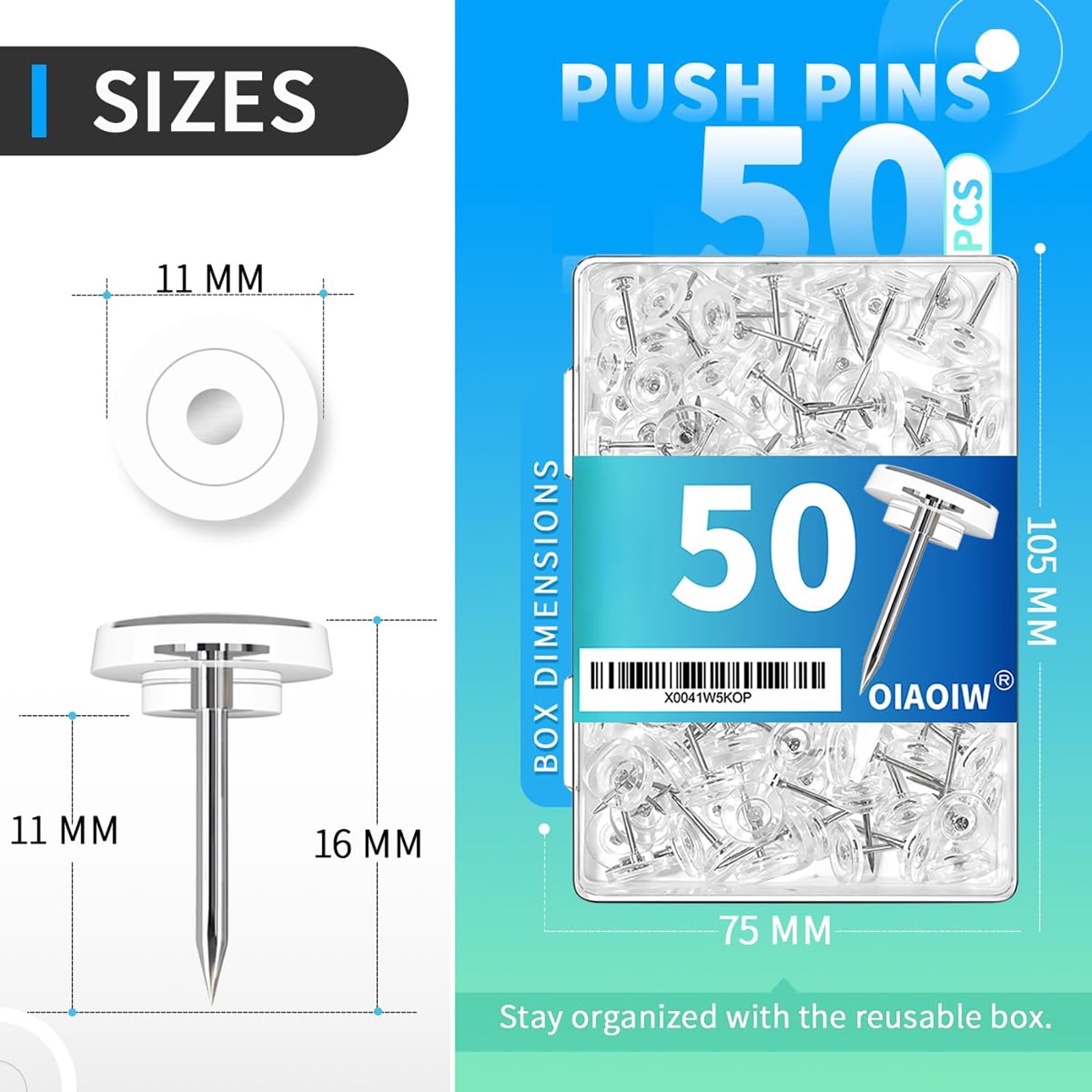 50PC Clear Push Pins,Reusable Clear Thumb Tacks for Bulletin Board, Cork Board and Wall Maps Pictures Displays, Plastic Head Pushpins Count in Reusable Box for Office Home Supplies(Clear) Clear