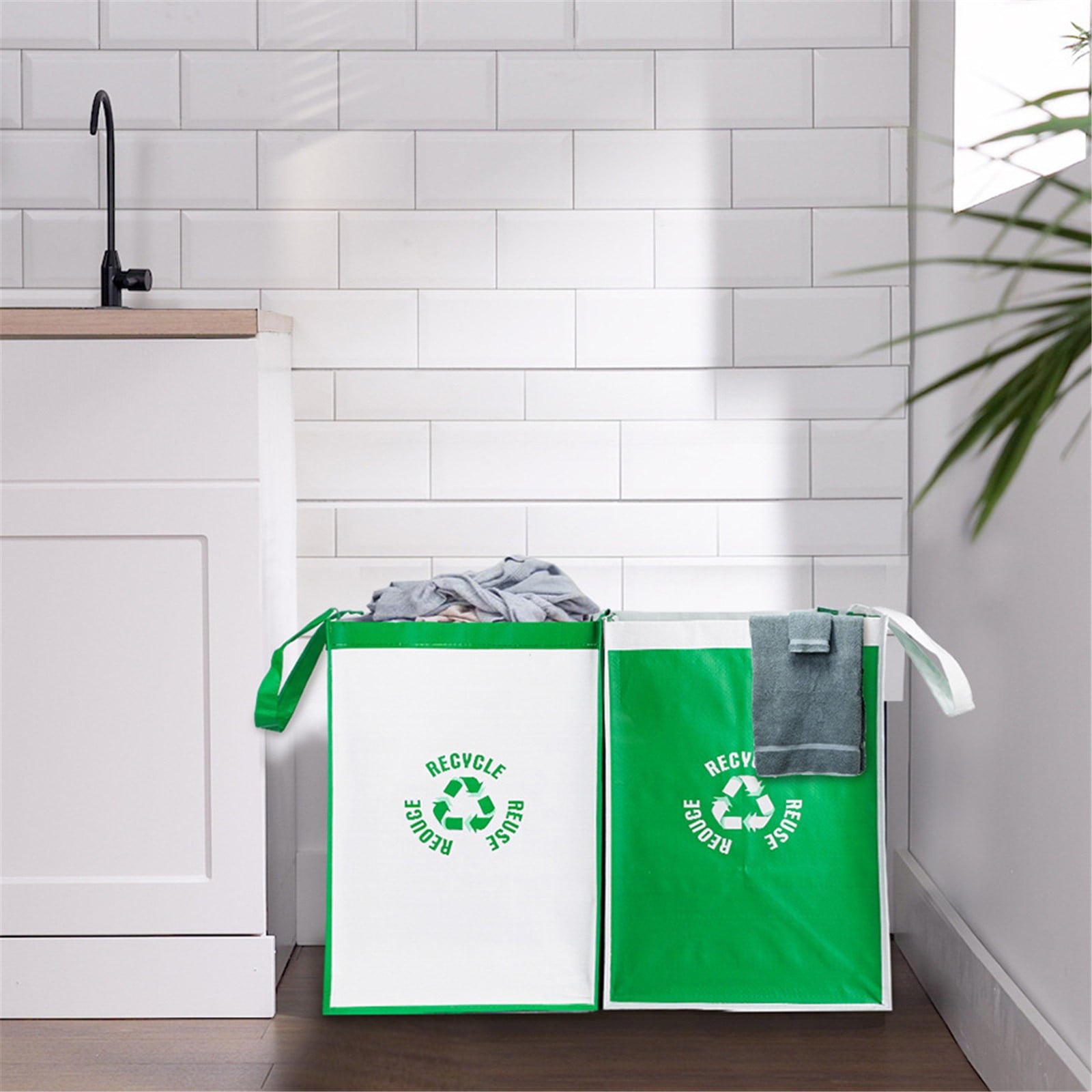 2 Pcs Separate Recycling Waste Bags,Recycle Waste Bag for Kitchen Home,Recycling Organizer,Reusable Recycling Bags,Indoor Recycling Trash Sorting Organizer,Reusable And Waterproof,(D,12x12x17 in) Gray