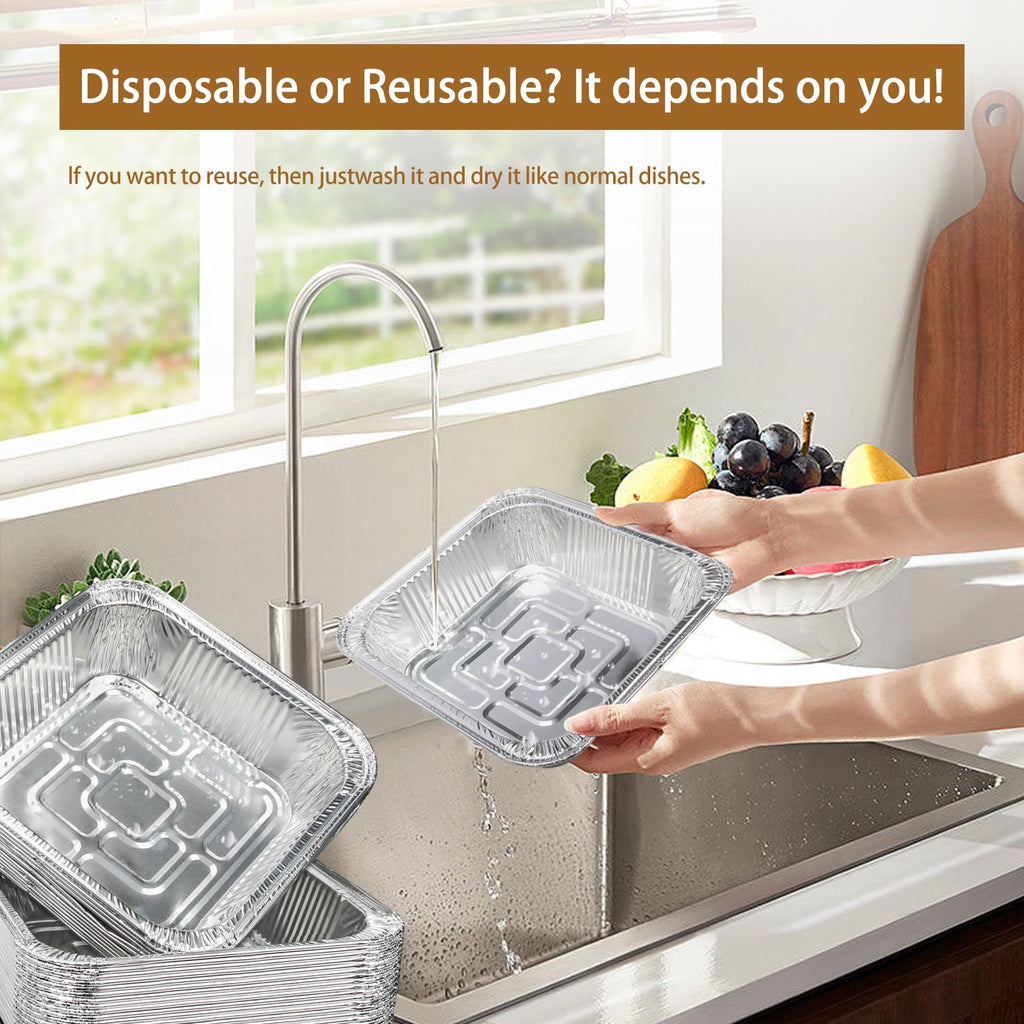 Aluminum Trays - Square Oven Dishes - Air Fryer Trays - Aluminum Bowls - Disposable Trays - BBQ Trays - Grill Accessories - Lasagna Dishes - Small Baking Pans - Heat Resistant - Food Containers - Catering - Greaseproof - Sturdy - Silver - 50 Pieces