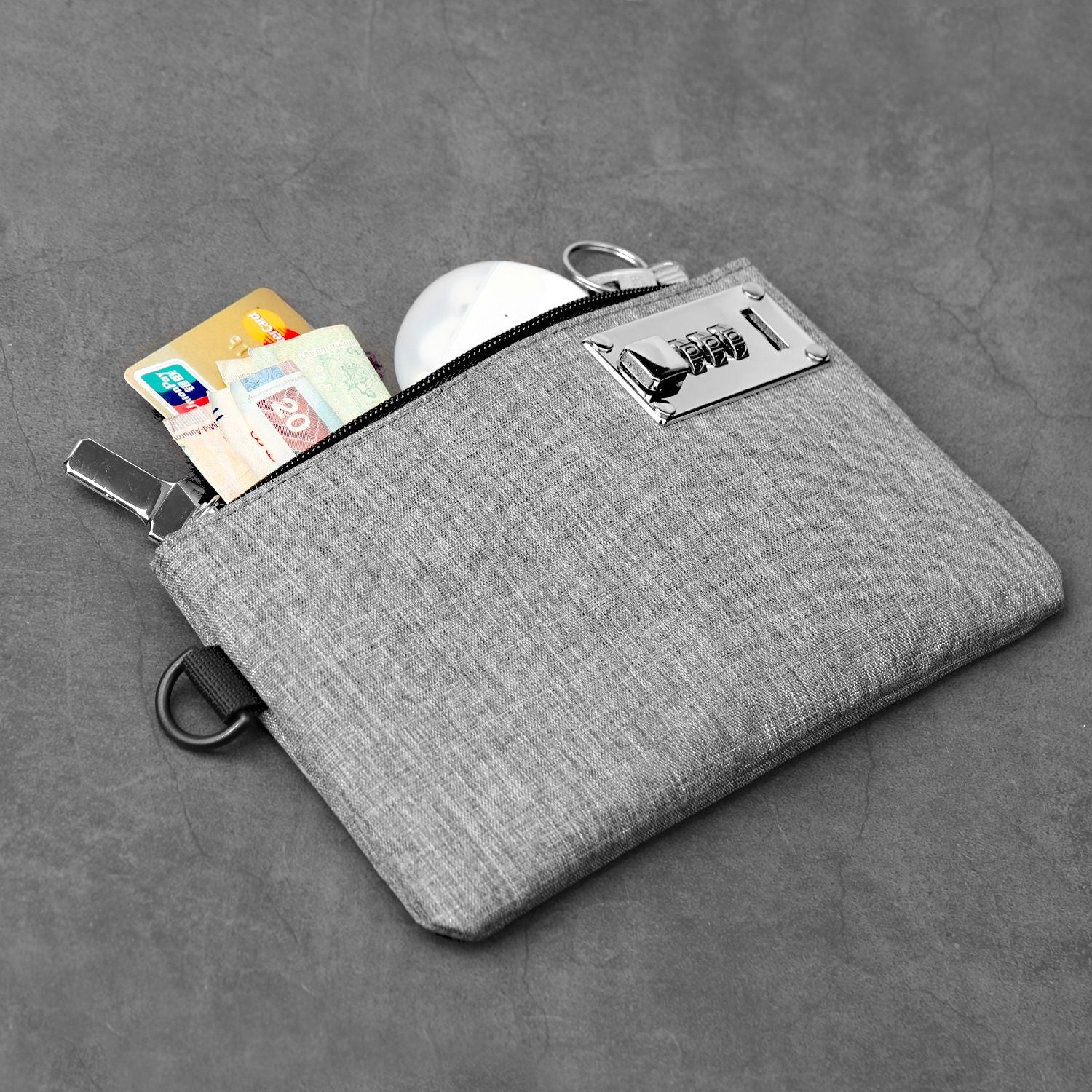 Money bag with lock, men's and women's lock accessory bag, bank bag, cash bag with lock, and zipper credit card and valuable item storage bag with lock (gray)
