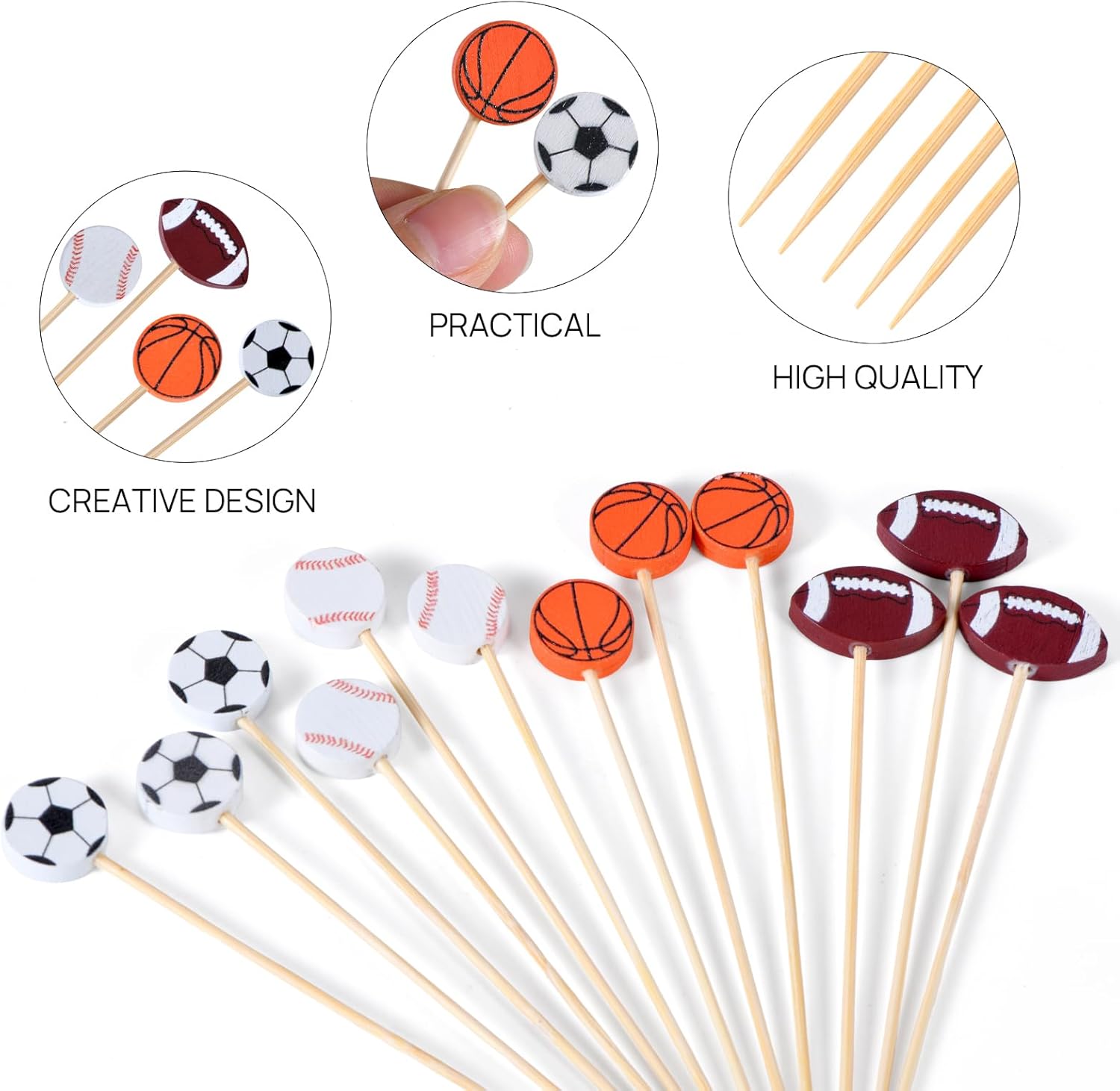 100 Pack Baseball Toothpicks, 4.7 Inch Bamboo Cocktail Picks, Bamboo Toothpicks for Sports Catered Event Birthday Themed Party Decorations