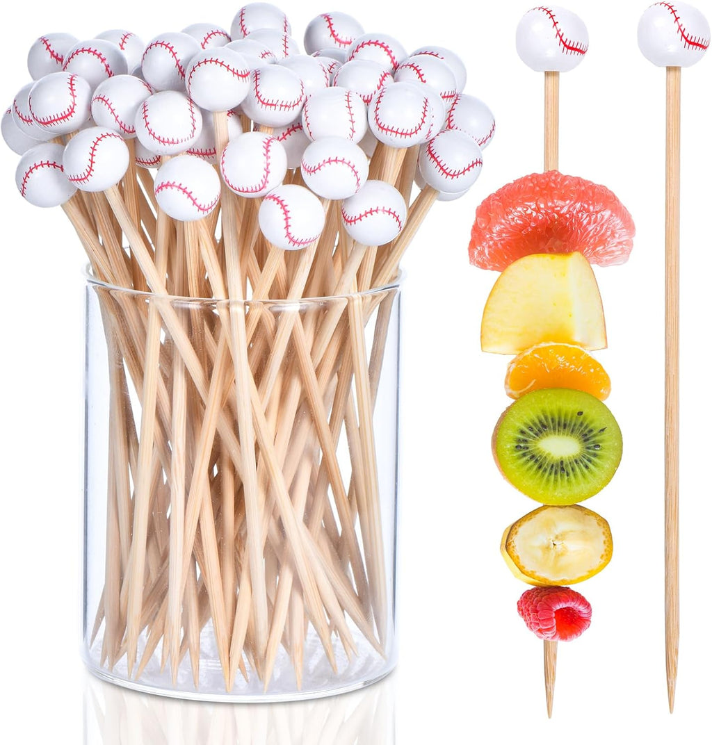 100 Pack Baseball Toothpicks, 4.7 Inch Bamboo Cocktail Picks, Bamboo Toothpicks for Drinks Dessert Wedding Birthday Party