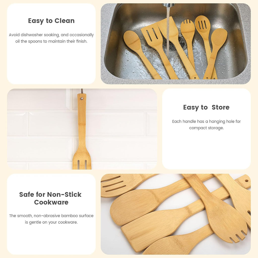 Bamboo Wooden Spoons for Cooking 6-Piece, Nonstick Bamboo Kitchen Utensils Set Wood Spatulas Spoons for Daily Use, Housewarming Gifts