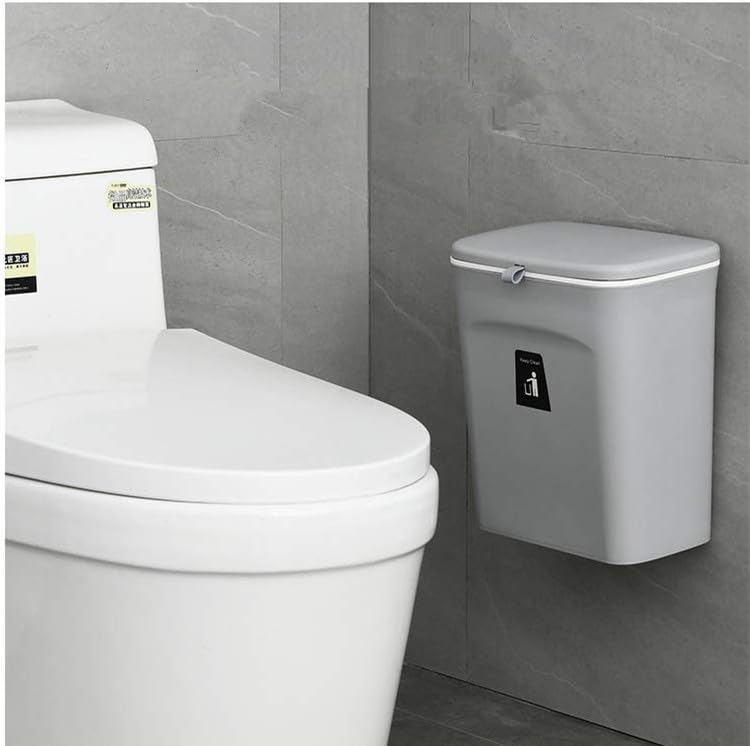 Mujingxin 2.4 Gallon Kitchen Compost Bin for Counter Top or Under Sink, Hanging Small Trash Can with Lid for Cupboard/Bathroom/Bedroom/Office/Camping, Mountable Indoor Compost Bucket, Gray