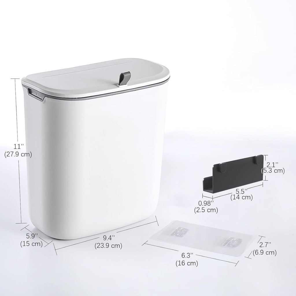 Compost Bin, 2.5 Gallon Hanging Trash Can with Lid, Kitchen Cabinet Door Under Sink Plastic Garbage Can Wall Mounted Slide Open, White