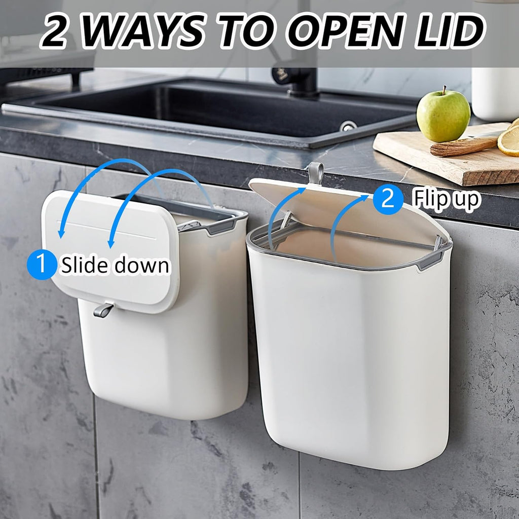 Compost Bin, 2.5 Gallon Hanging Trash Can with Lid, Kitchen Cabinet Door Under Sink Plastic Garbage Can Wall Mounted Slide Open, White