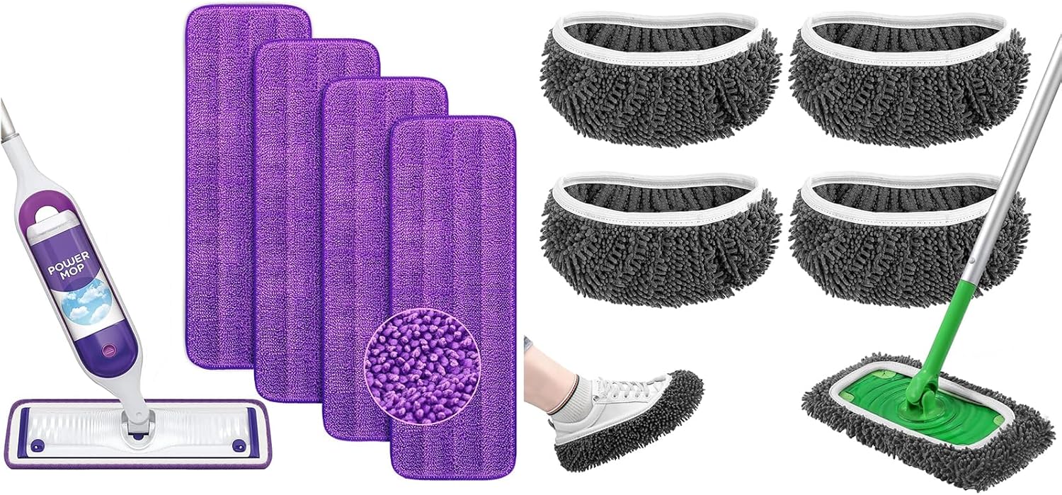 Reusable Power Mop Refills Pads Compatible with Swiffer PowerMop Mop 4 Pack & Reusable Wet Pads Refill Compatible with Swiffer Sweeper Mop 4 Pack (Mop is not Included)
