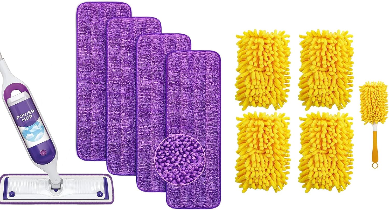 Reusable Power Mop Refills Pads Compatible with Swiffer PowerMop Mop 4 Pack & Reusable Duster Refill Compatible with Swiffer Hand Duster 4 Pack(Handle is Not Included)