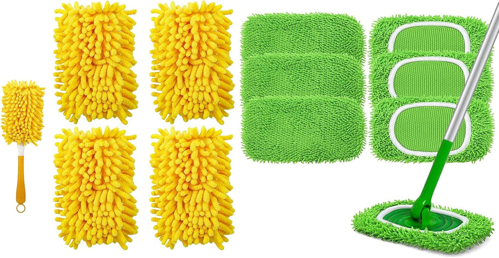 4 Pack Reusable Duster Refill for Swiffer Hand Duster & 6 Pack Reusable Microfiber Mop Pads for Swiffer Sweeper Mop