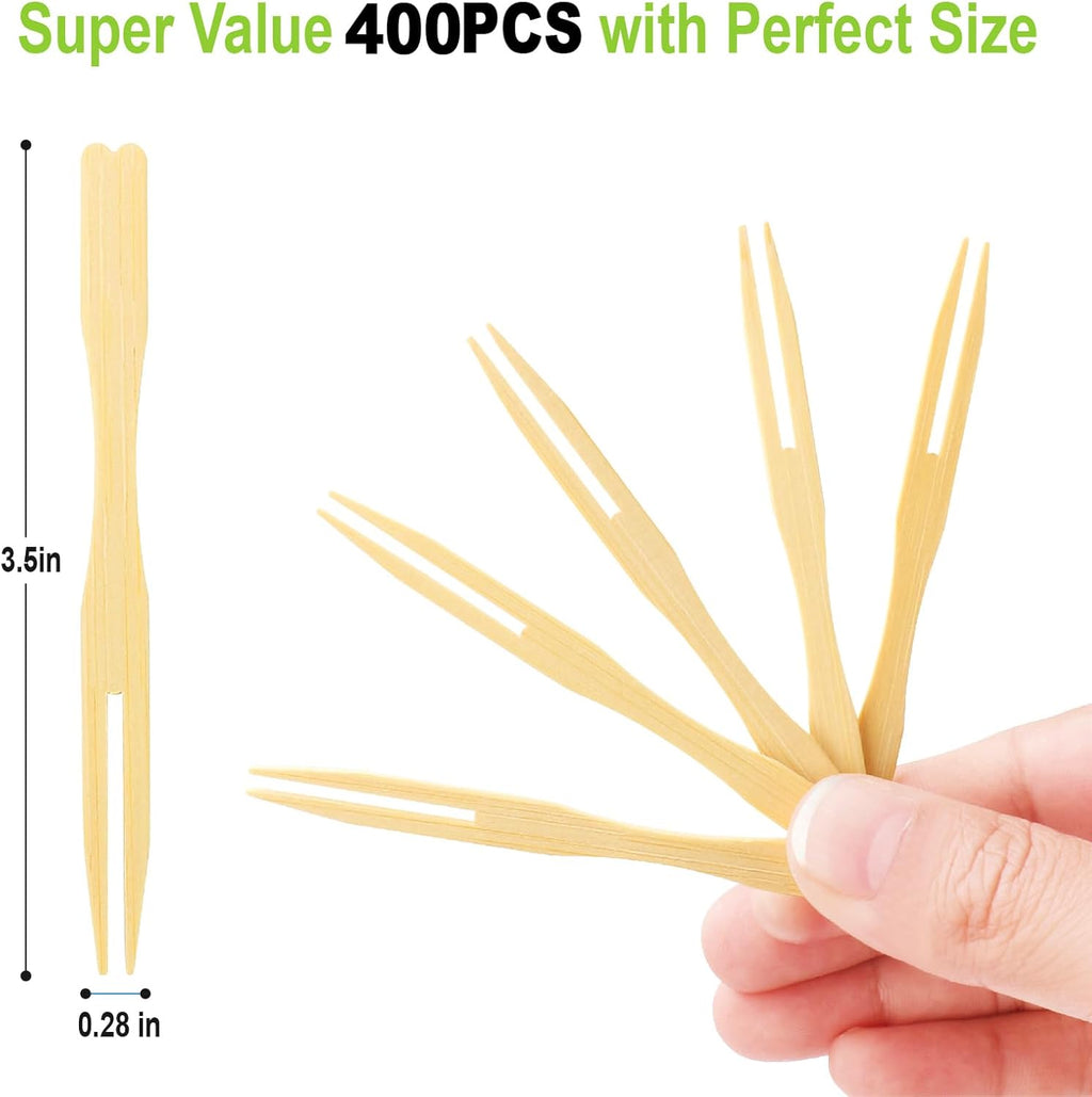 400 Bamboo Appetizer Forks, 3.5 Inch Mini Bamboo Forks for Charcuterie Boards Accessories, Fancy Toothpicks for Appetizers, Disposable Wooden Cocktail Fork, Small Fruit Food Picks for Party Supplies