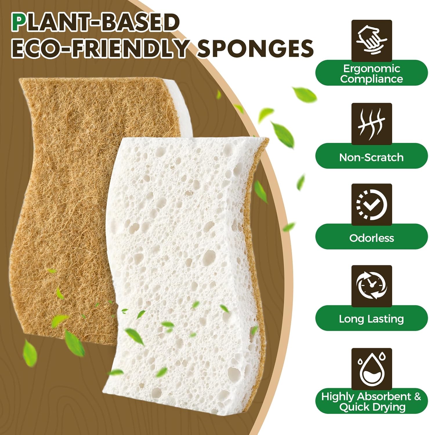 12 Pack Natural Biodegradable Kitchen Non Scratch Sponges,Compostable Plant Based Coconut Cellulose Sponge,Eco Friendly Reusable Dish Scrubber Sponge for Pots, Pans & Household Cleaning