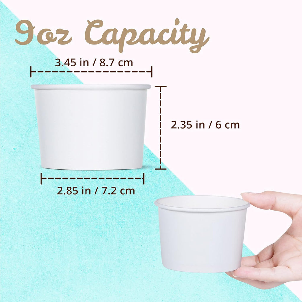 Paper Ice Cream Cups - 50-Count 9-Oz Disposable Dessert Bowls for Hot or Cold Food, 9-Ounce Party Supplies Treat Cups for Sundae, Frozen Yogurt, Soup, White