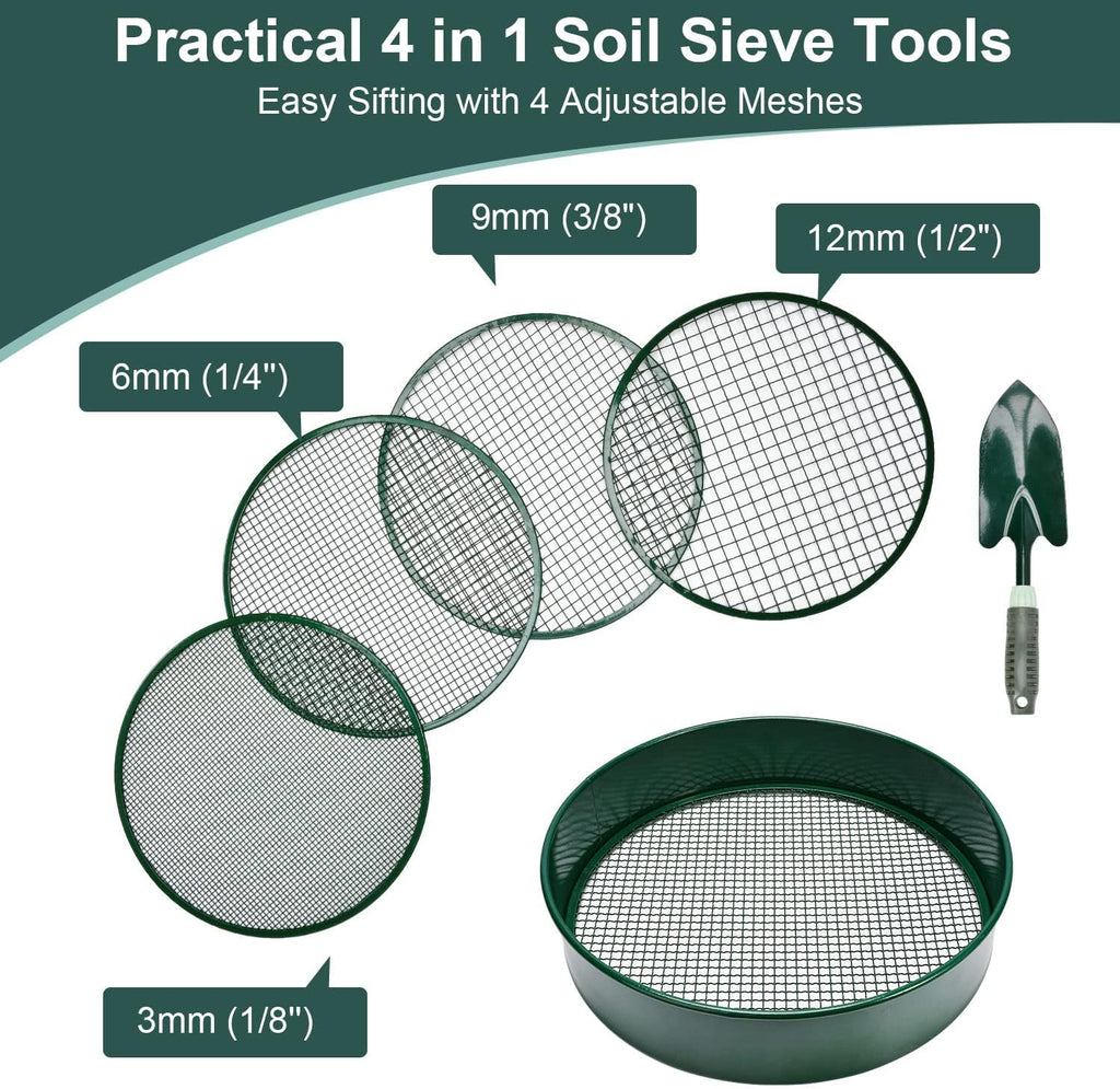 Garden sieve, soil sieve with interchangeable mesh sizes 3, 6, 9 and 12 mm, perfect garden tool for sifting soil, stones and compost.