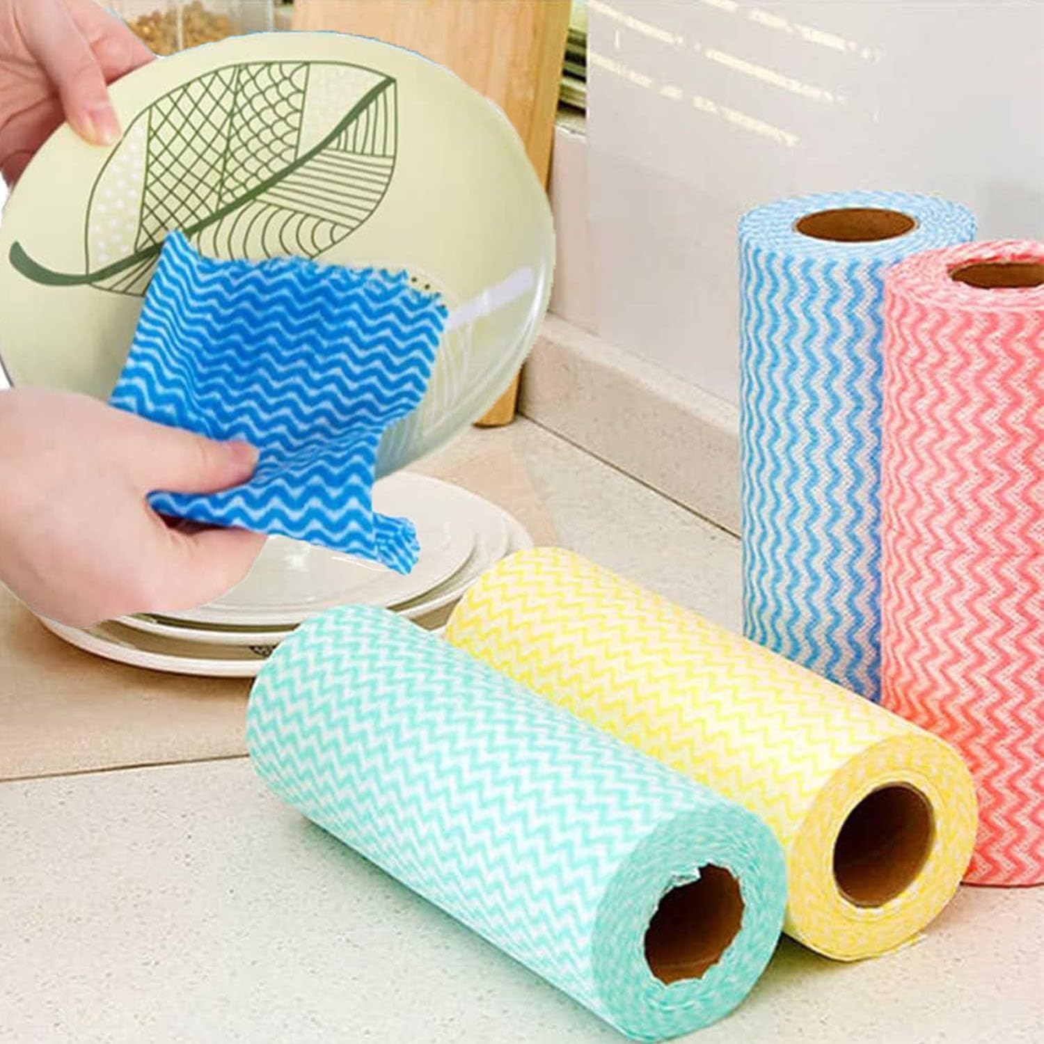 Disposable Cleaning Towel (4 Rolls /200pcs) Reusable Cleaning Wipe, Dish Towels Dish Rags Reusable Quick-Dry