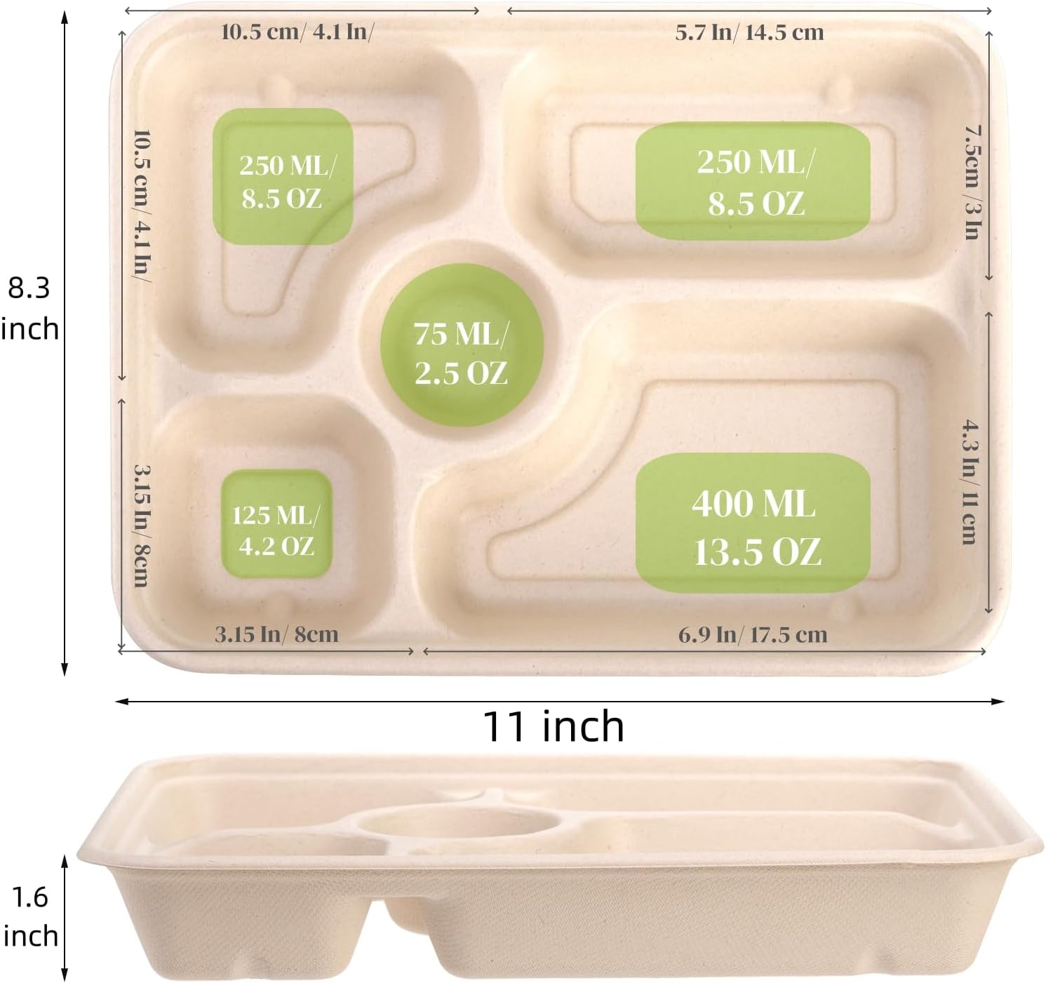 Compostable Bagasse Lunch Trays — 5 Section (50 Pack)