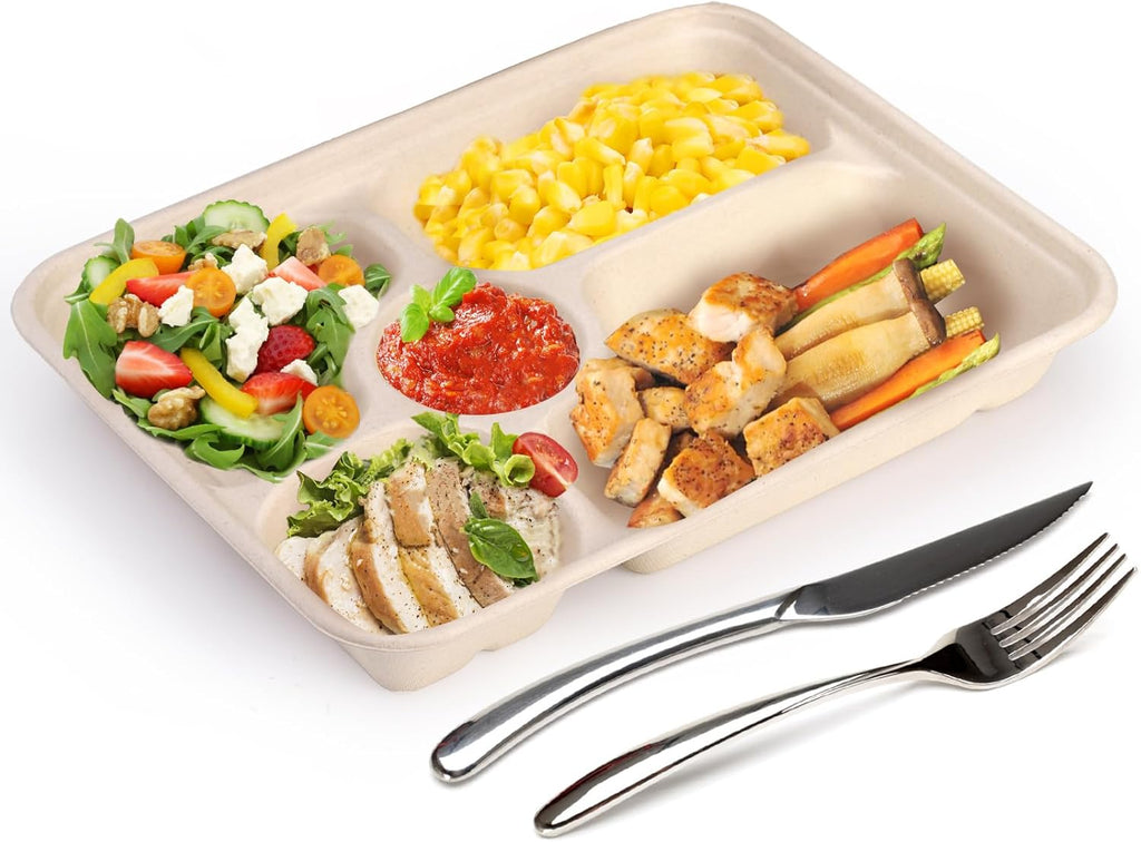 Compostable Bagasse Lunch Trays — 5 Section (50 Pack)