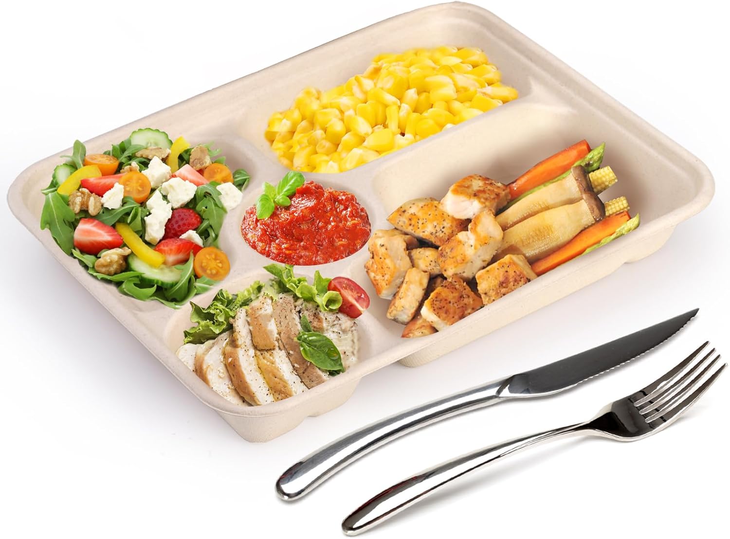 Compostable Bagasse Lunch Trays — 5 Section (50 Pack)