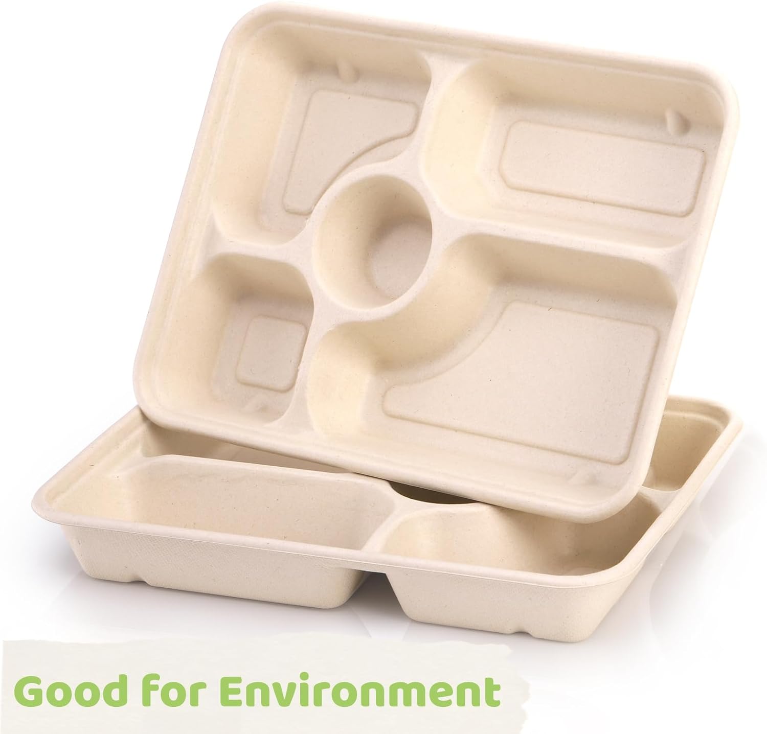 Compostable Bagasse Lunch Trays — 5 Section (50 Pack)