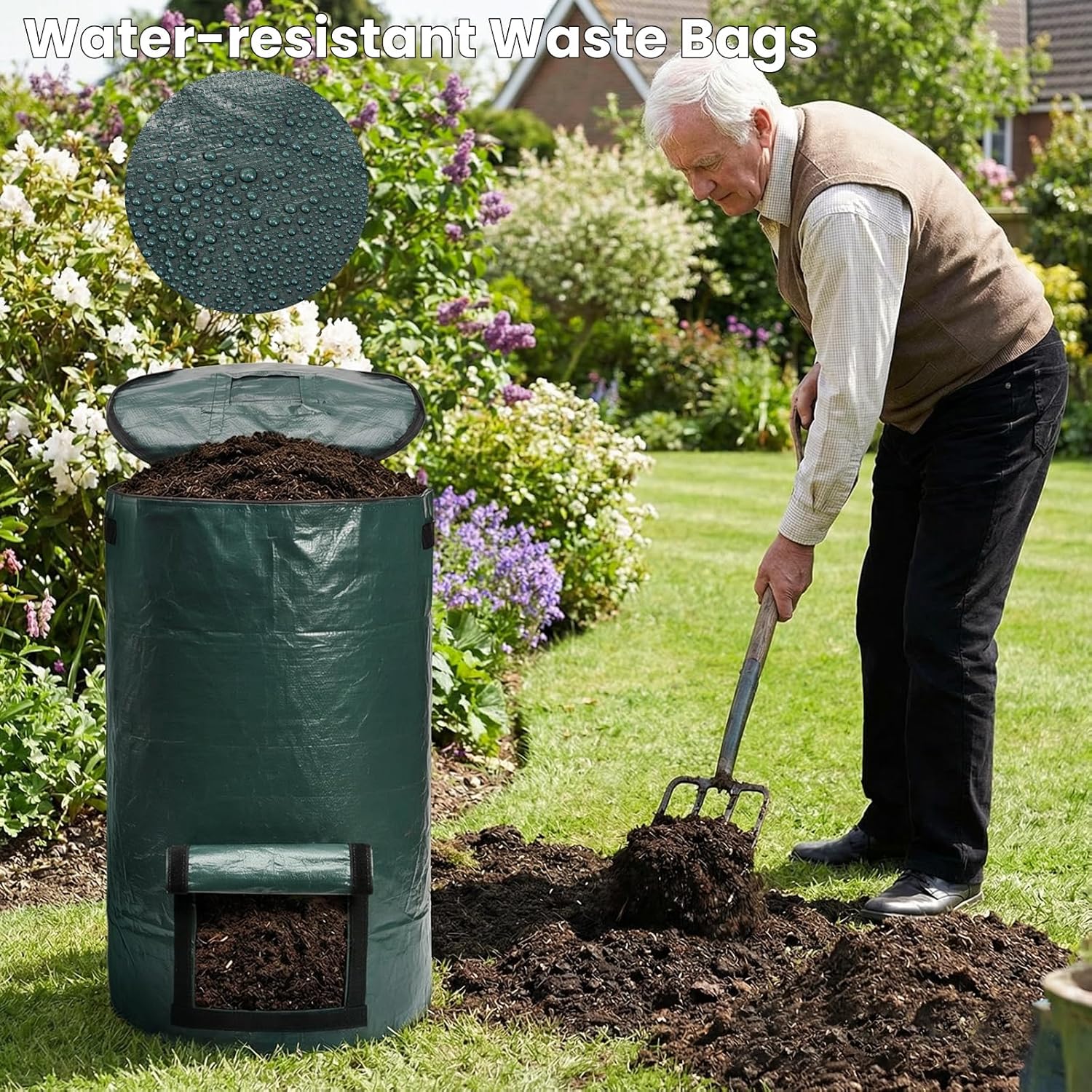 4 Pack 34 Gallons Reusable Yard Waste Bags, Leaf Lawn Collector Containers with Lid and Handles, Heavy Duty Collapsible Compost Bins Bottom Window for Outdoor Debris Wet Leaves Grass