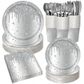 Silver Diamond Sparkle Party Tableware Set 7-Piece Set (Serves 20 People) – 140pcs Disposable Paper Plates, Tissures, Cups & Cutlery Kit for Weddings Birthdays & Parties
