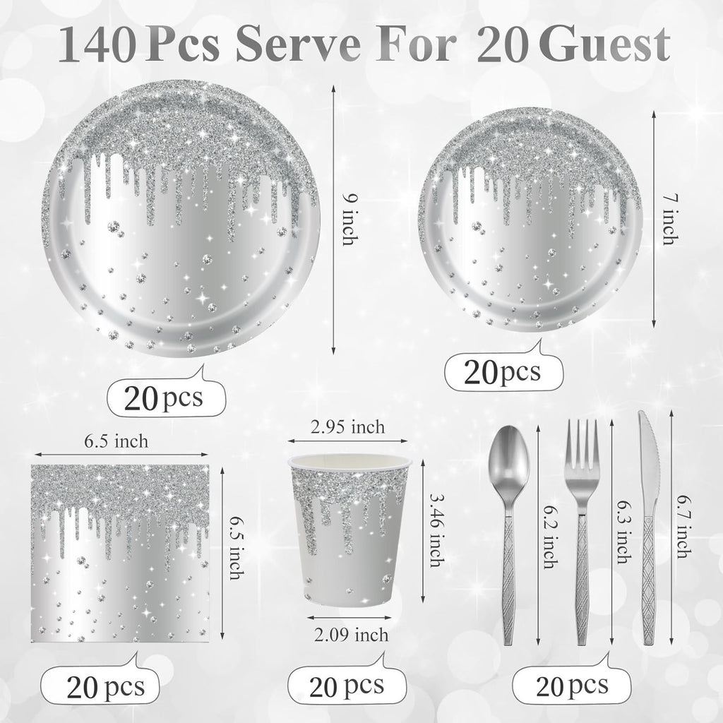 Silver Diamond Sparkle Party Tableware Set 7-Piece Set (Serves 20 People) – 140pcs Disposable Paper Plates, Tissures, Cups & Cutlery Kit for Weddings Birthdays & Parties