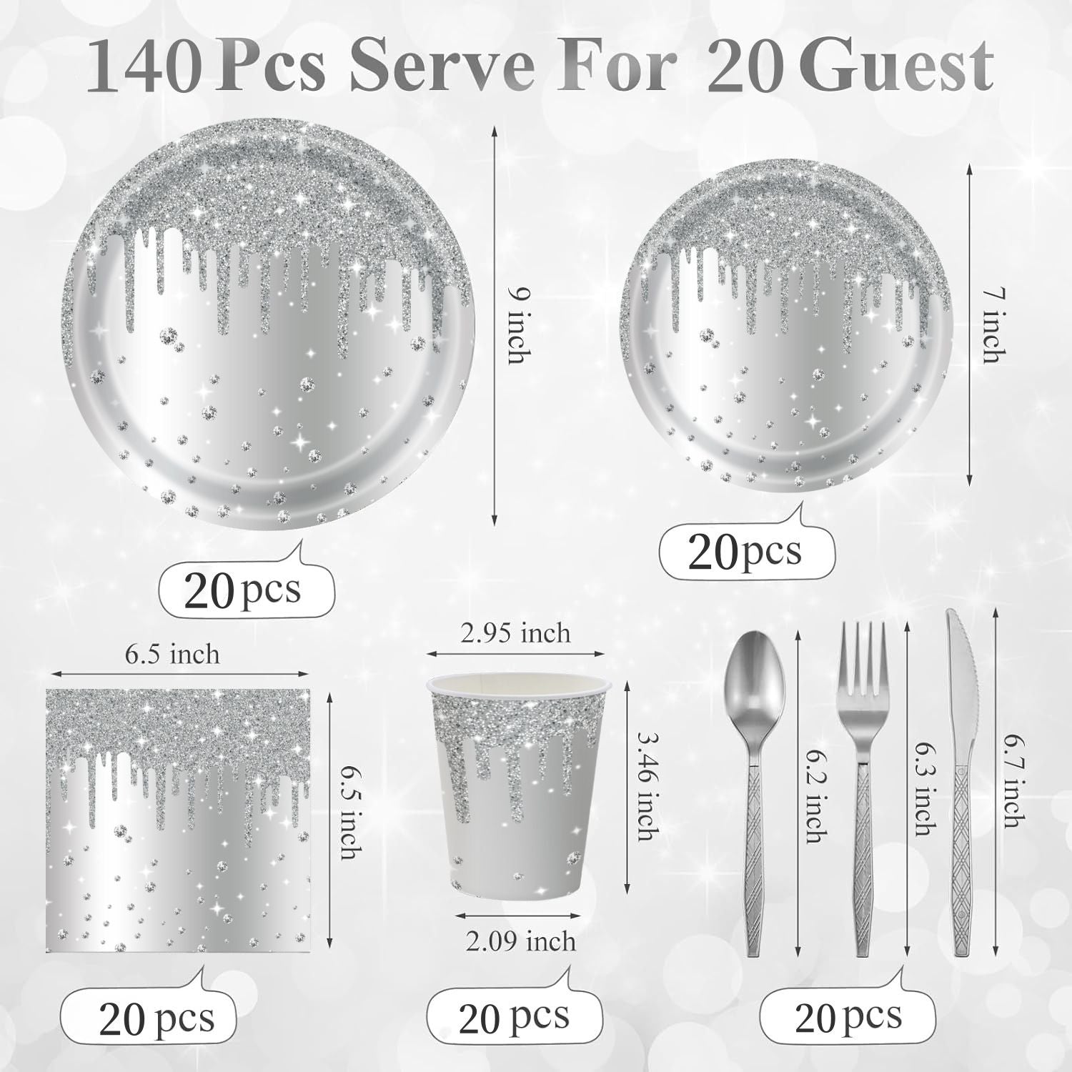 Silver Diamond Sparkle Party Tableware Set 7-Piece Set (Serves 20 People) – 140pcs Disposable Paper Plates, Tissures, Cups & Cutlery Kit for Weddings Birthdays & Parties