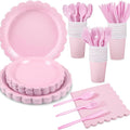 7-Piece Pink Scalloped Party Tableware Set with Floral Wavy Edges – Elegant Disposable Paper Plates 7 / 9 inch, Tissues, Cups & Cutlery Kit for Birthdays Parties and Baby Showers (Serves 25 People)