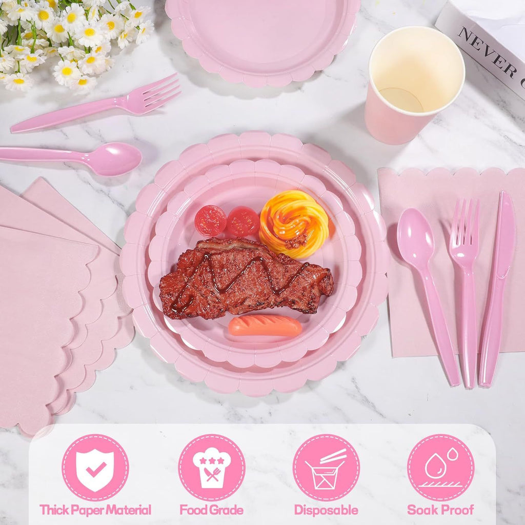 7-Piece Pink Scalloped Party Tableware Set with Floral Wavy Edges – Elegant Disposable Paper Plates 7 / 9 inch, Tissues, Cups & Cutlery Kit for Birthdays Parties and Baby Showers (Serves 25 People)