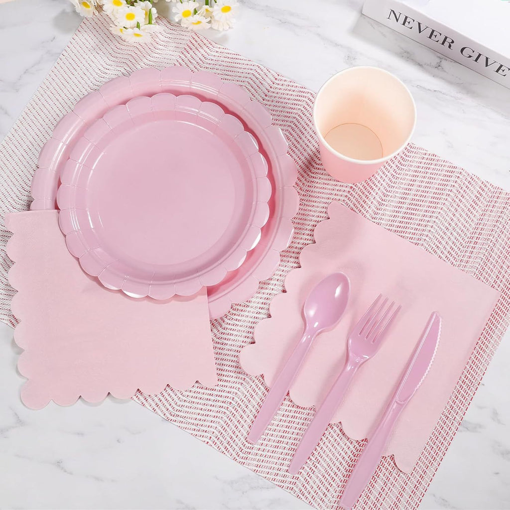 7-Piece Pink Scalloped Party Tableware Set with Floral Wavy Edges – Elegant Disposable Paper Plates 7 / 9 inch, Tissues, Cups & Cutlery Kit for Birthdays Parties and Baby Showers (Serves 25 People)