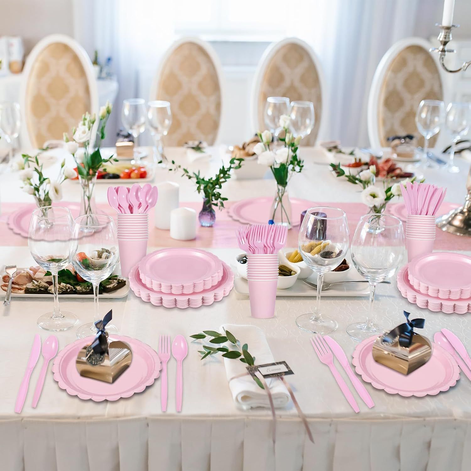 7-Piece Pink Scalloped Party Tableware Set with Floral Wavy Edges – Elegant Disposable Paper Plates 7 / 9 inch, Tissues, Cups & Cutlery Kit for Birthdays Parties and Baby Showers (Serves 25 People)