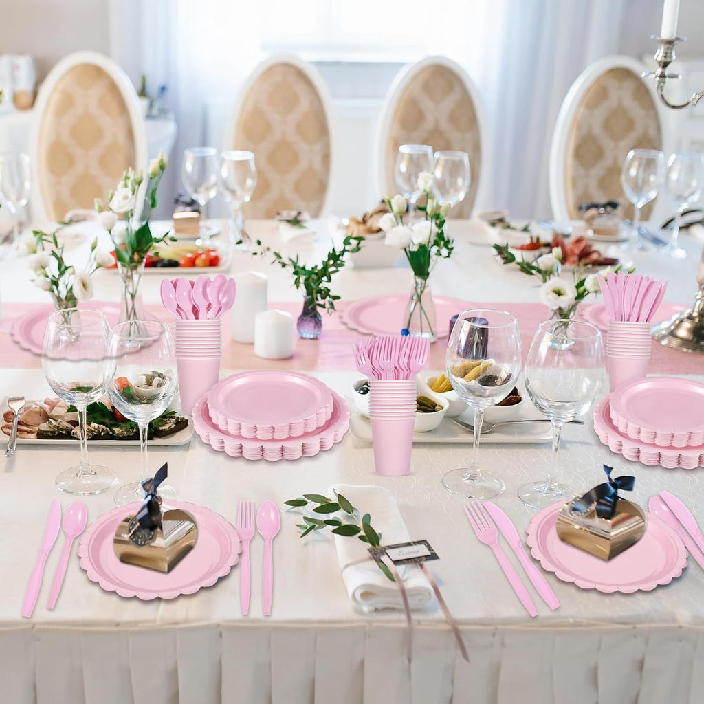 7-Piece Pink Scalloped Party Tableware Set with Floral Wavy Edges – Elegant Disposable Paper Plates 7 / 9 inch, Tissues, Cups & Cutlery Kit for Birthdays Parties and Baby Showers (Serves 50 People)