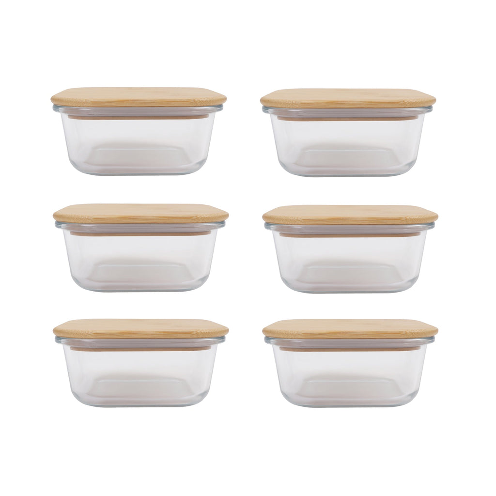 6 Pcs Medium Bamboo Food Containers – Clear Glass with Bamboo Lids
