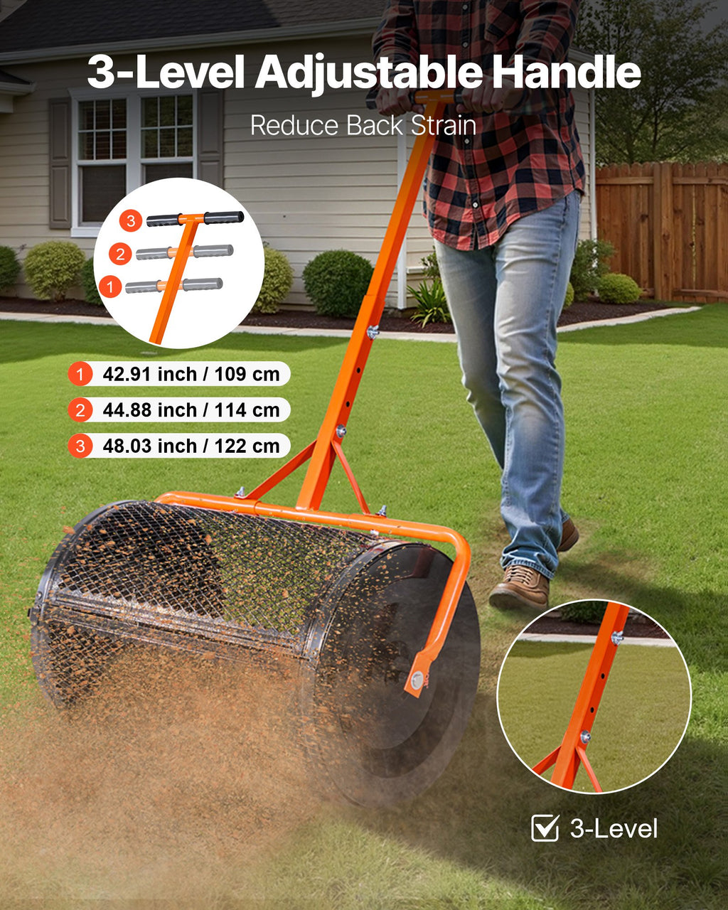 Compost Spreader, 24 in Wide Peat Moss Spreader with T Shaped Handle, 3 Heights Adjustable, Powder-Coated Steel Garden Peat Moss Roller, Heavy Duty Grass Seed Spreaders for Planting Seeding